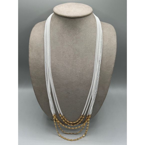 Vintage Signed Monet Multi Chain Necklace White Enamel & Gold Tone 80s Jewelry - Picture 4 of 10